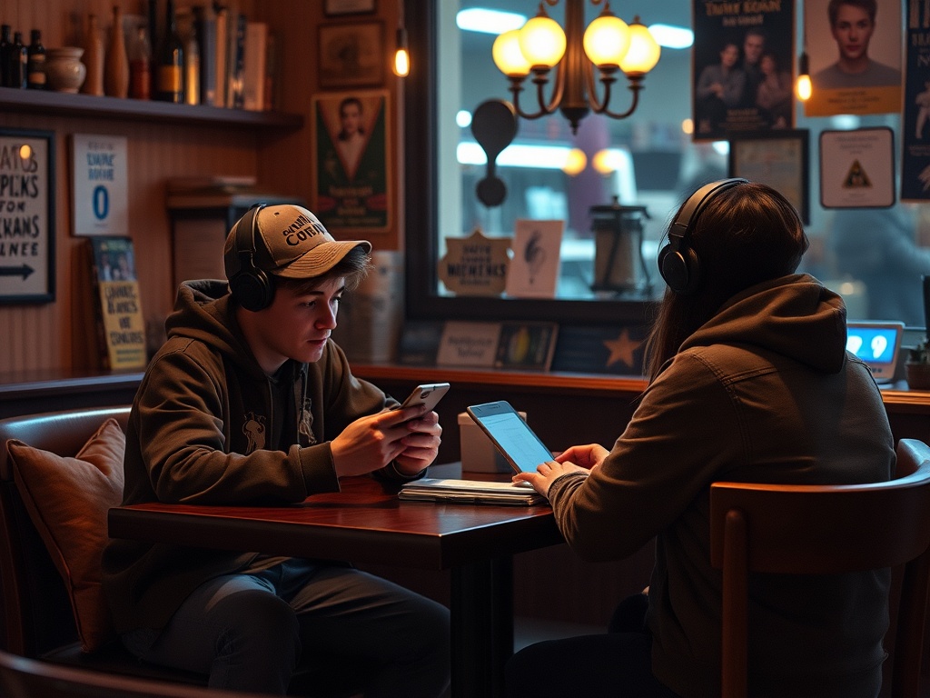 Два человека в кафе, слушающие музыку и используя телефоны, сидят за деревянным столом. Атмосфера уютная.