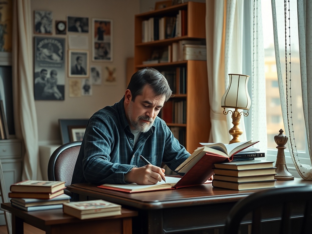 Человек в рубашке сидит за столом, пишет в блокноте, вокруг книги и уютная обстановка.