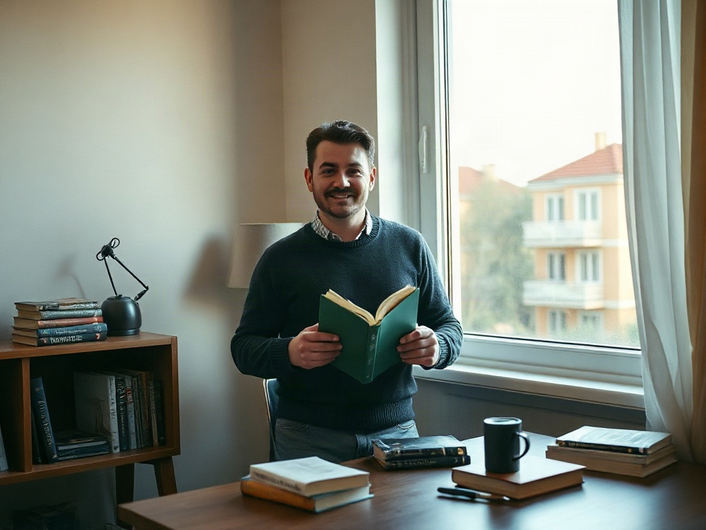 Мужчина стоит у окна с книгой в руках, окружённый книгами и уютной обстановкой домашнего офиса.