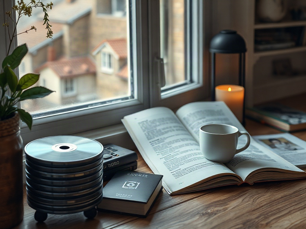 На столе лежит книга, кружка, свеча, CD-диски и растение у окна с видом на город.